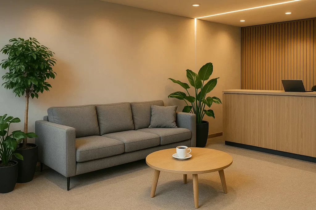 Recepção elegante com sofás confortáveis, plantas e luz suave criando ambiente acolhedor.