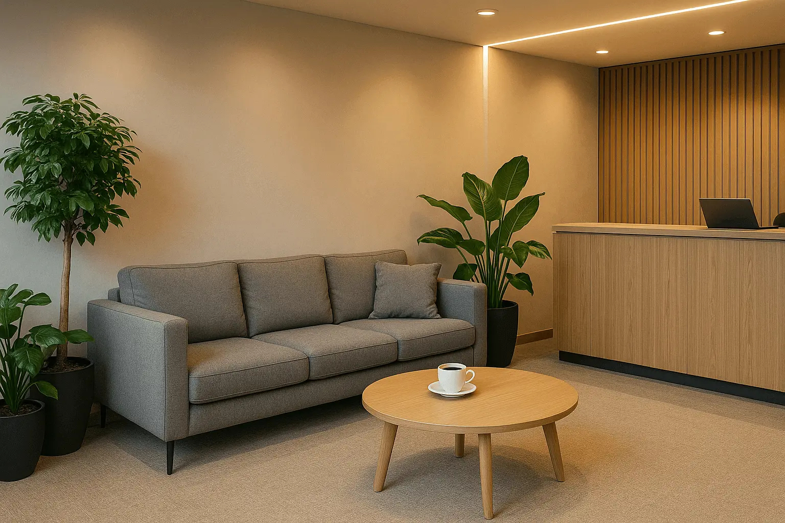 Recepção elegante com sofás confortáveis, plantas e luz suave criando ambiente acolhedor.