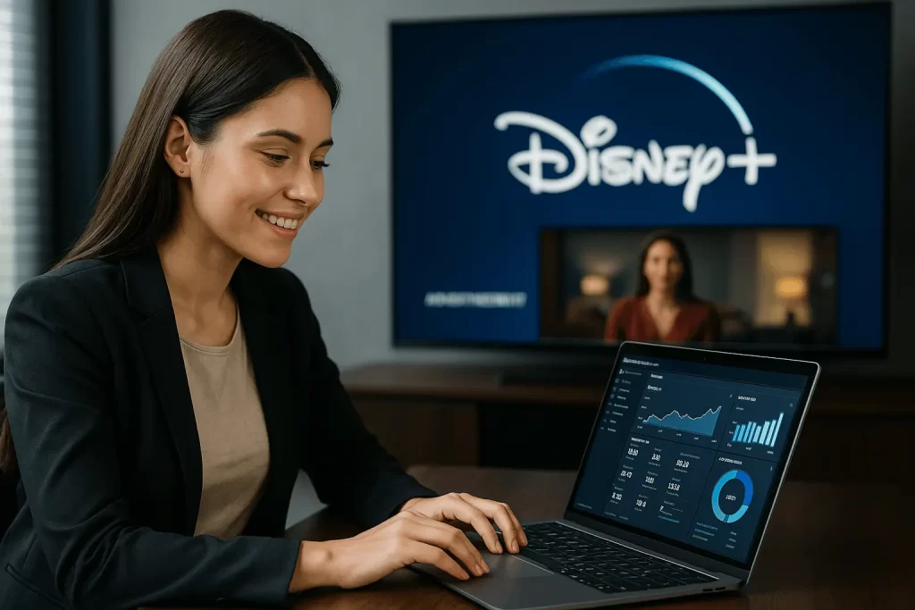 Mulher analisando painel de métricas de anúncios em plataformas de streaming