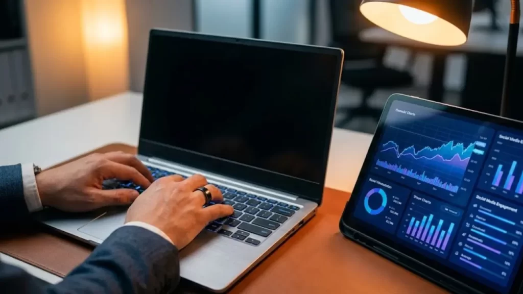 Profissional analisando métricas e dados de ROI em laptop e tablet com gráficos de desempenho.