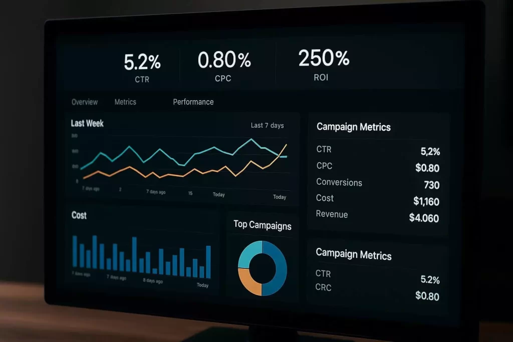 Tela de computador com gráficos e métricas de tráfego pago