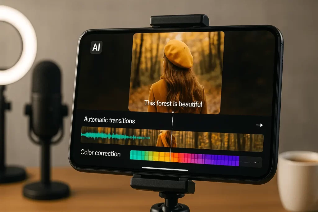 Smartphone gerando legendas e transições com app de edição baseado em IA