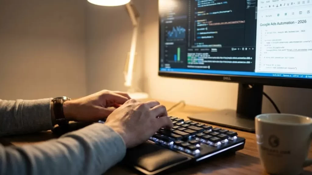 Mãos digitando em laptop configurando ferramentas de automação para Google Ads.