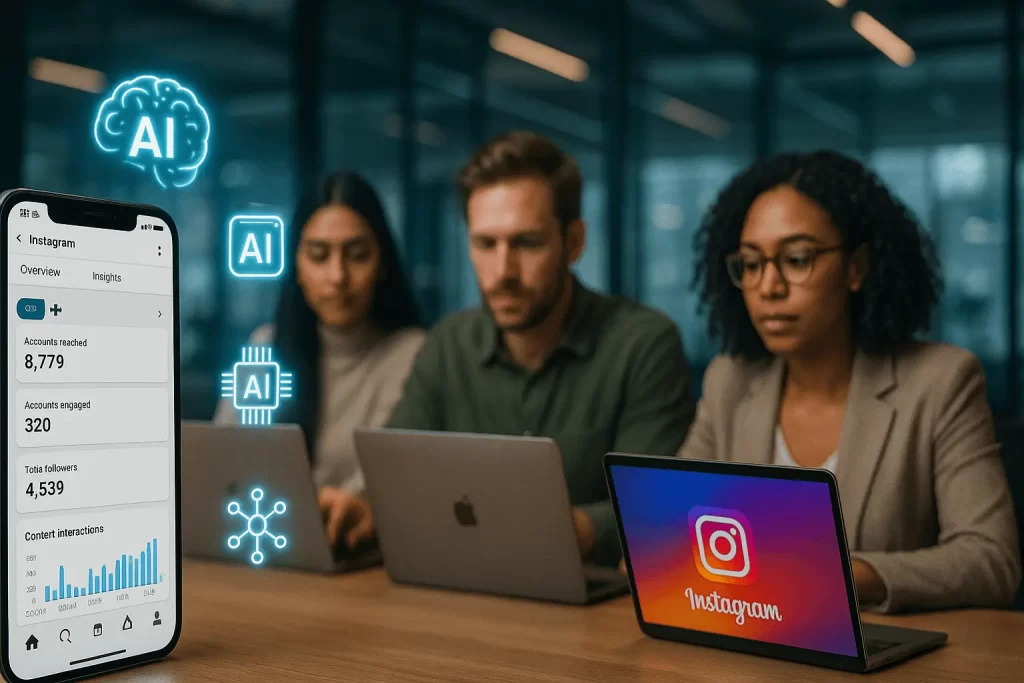 Painel de automação do Instagram com ferramentas de IA em uso, exibido em smartphone em ambiente corporativo.