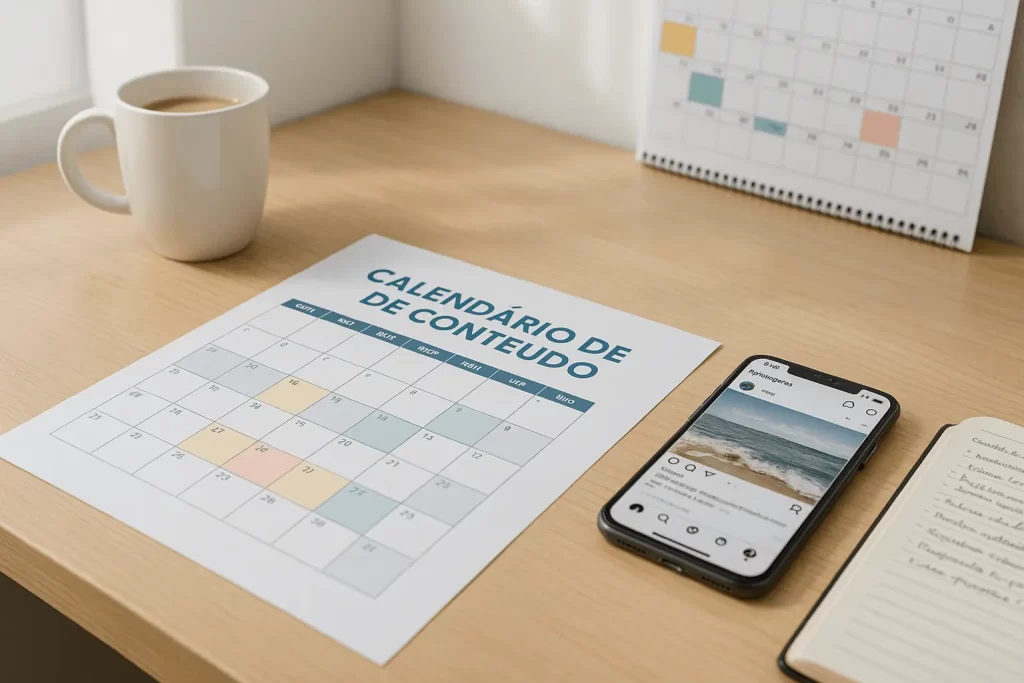 Mesa com agenda de conteúdo e celular mostrando Instagram aberto