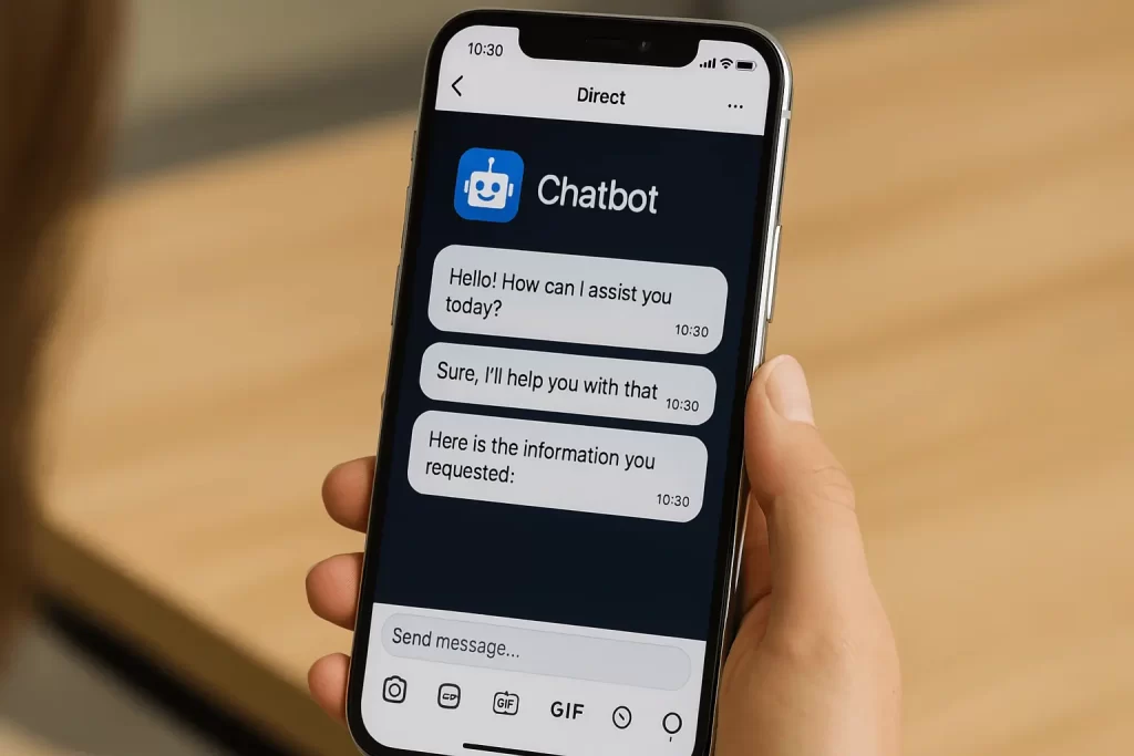Interface de chatbot automatizado no Instagram exibida em smartphone na mão de uma mulher.