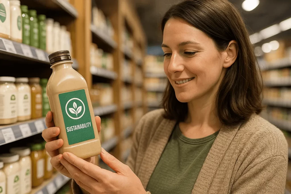 Consumidora avaliando produto sustentável com selo de ESG em prateleira de loja
