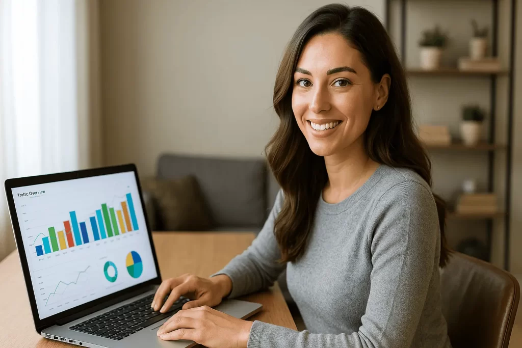 Empreendedora analisando campanhas de tráfego pago em ambiente de home office moderno