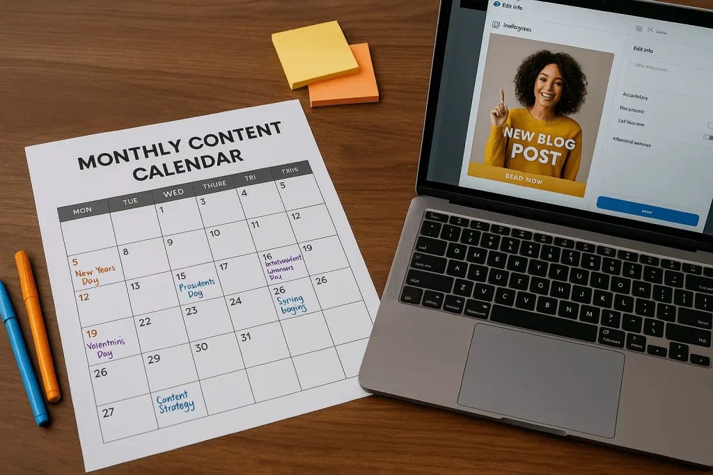 Mesa com calendário de conteúdo e notebook com post em edição