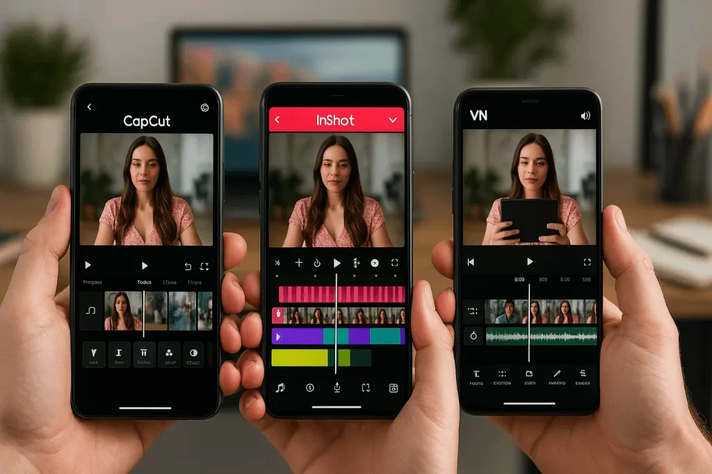 Criador de conteúdo usando smartphone com apps como CapCut, VN e InShot