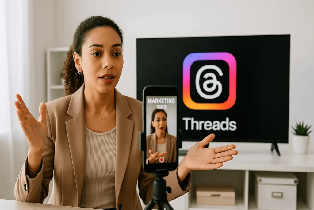 Empreendedora gravando vídeo com celular e fundo com o app Instagram Threads aberto.