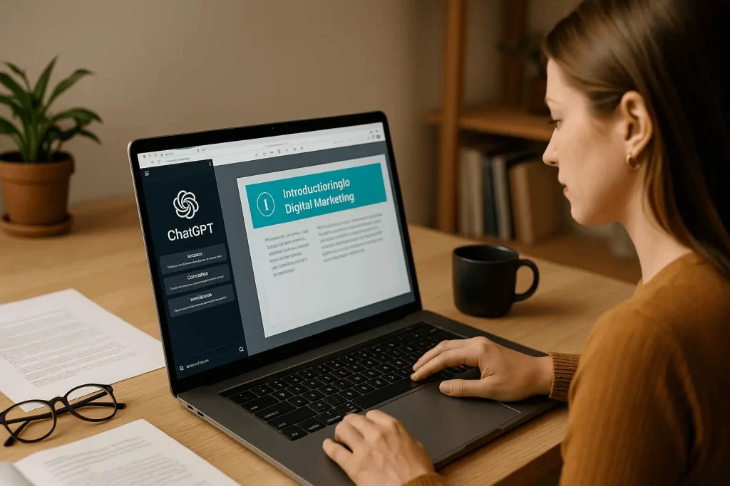 Mulher desenvolvendo curso online com IA em escritório doméstico organizado