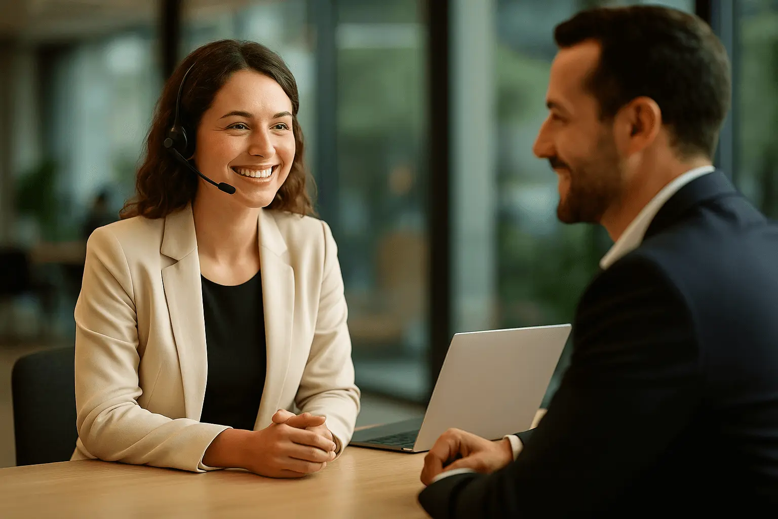 Mulher jovem com expressão empática anotando enquanto conversa com cliente em coworking moderno com sofá e plantas ao fundo