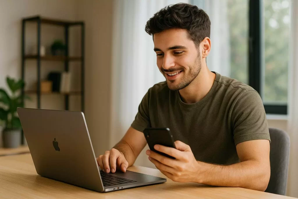 Empreendedor moderno usando notebook e celular para gerenciar vendas diárias na internet.