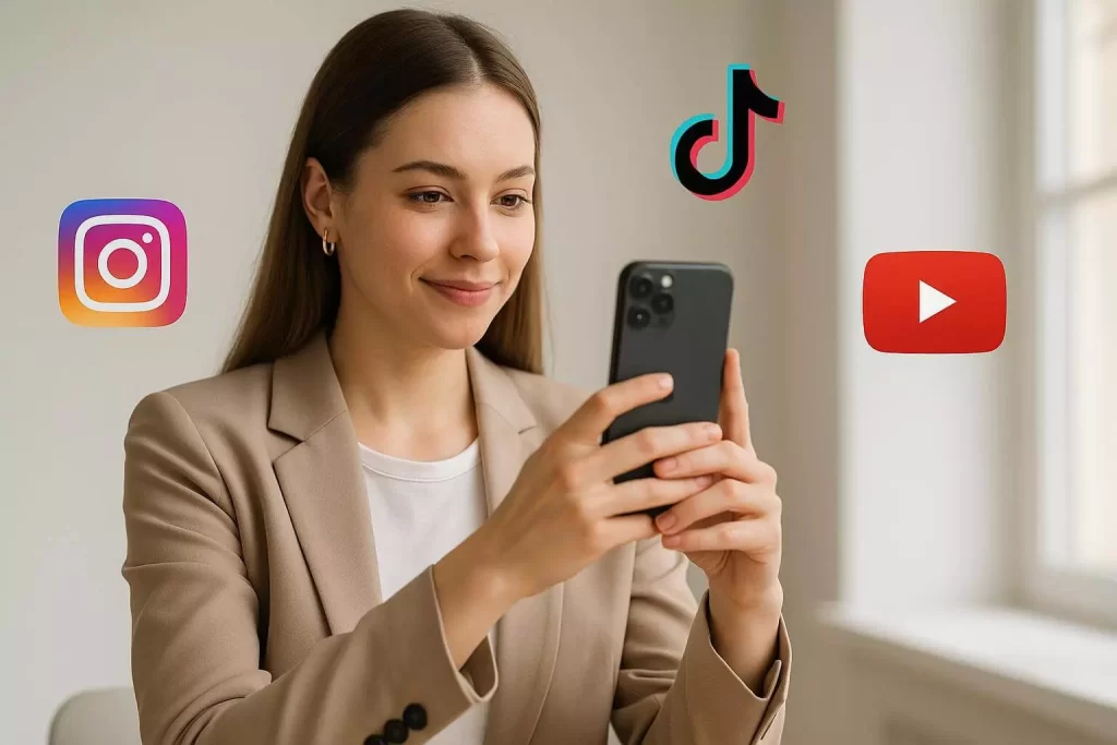 Mulher gravando vídeo com smartphone ao lado de ícones do Instagram, TikTok e YouTube em fundo claro