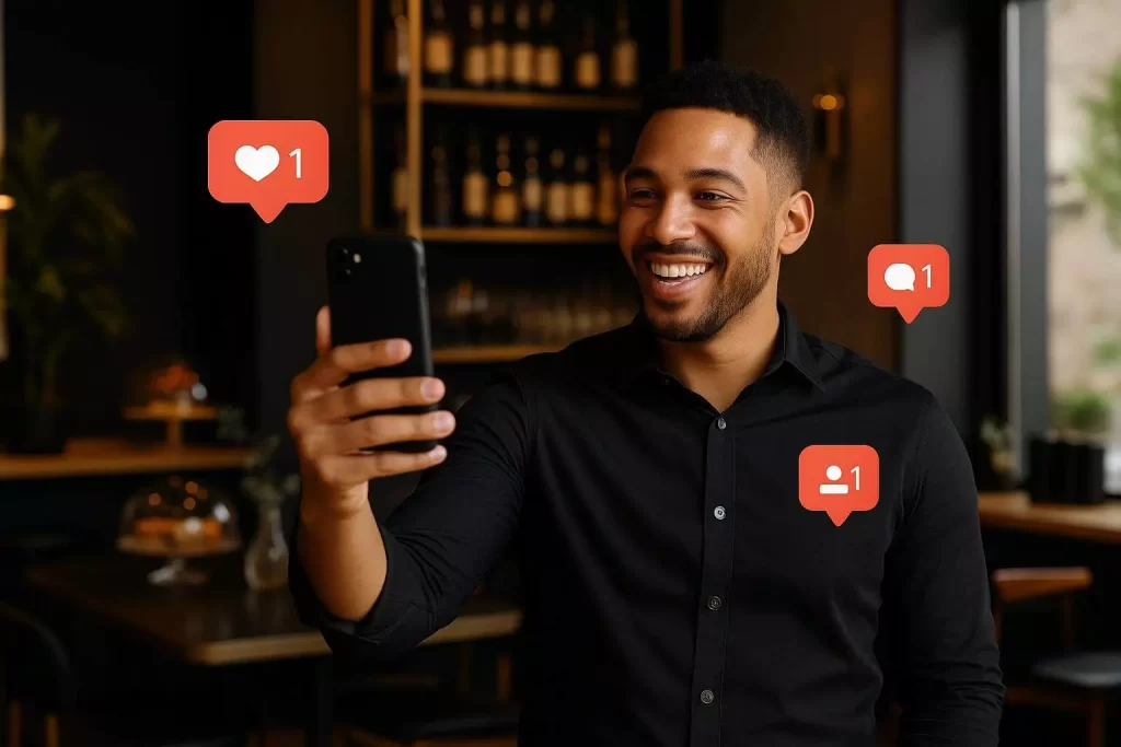 Empresário gravando Reels no local do negócio.