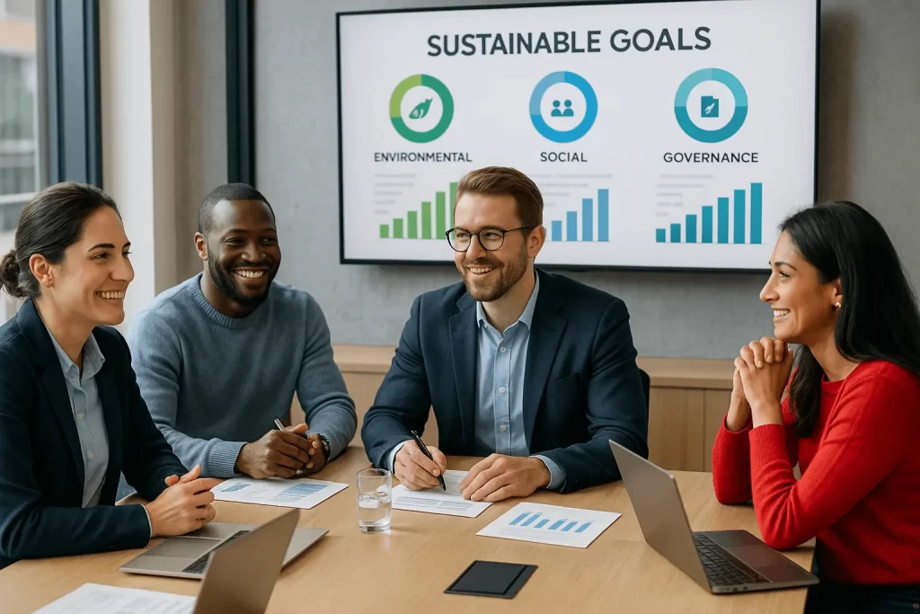 Equipe de vendas multicultural reunida em sala moderna para discutir estratégias sustentáveis e ESG