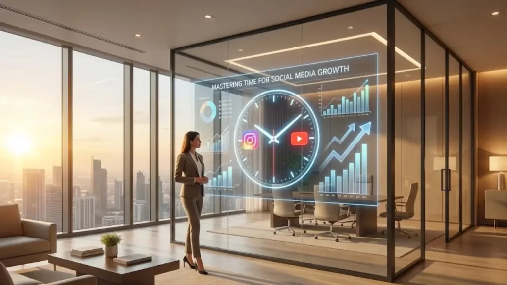 Diretora de marketing B2B alinhando estrategicamente um relógio com ícones de crescimento do Instagram e YouTube em uma tela de dados.