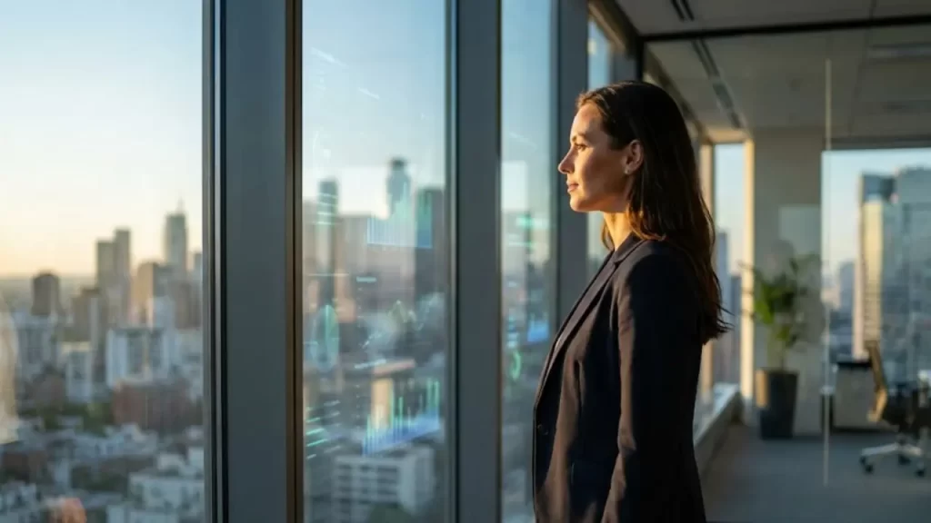Mulher executiva confiante em escritório moderno com paredes de vidro, observando o horizonte da cidade ao pôr do sol, representando visão estratégica de negócios.