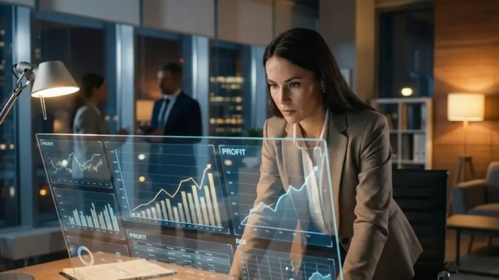 Diretor de marketing analisando dados de alta conversão e gráficos de lucro em tela futurista.