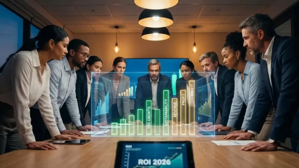 Grupo de executivos em sala de reunião analisando gráficos de crescimento financeiro atrelado a estratégias ESG.