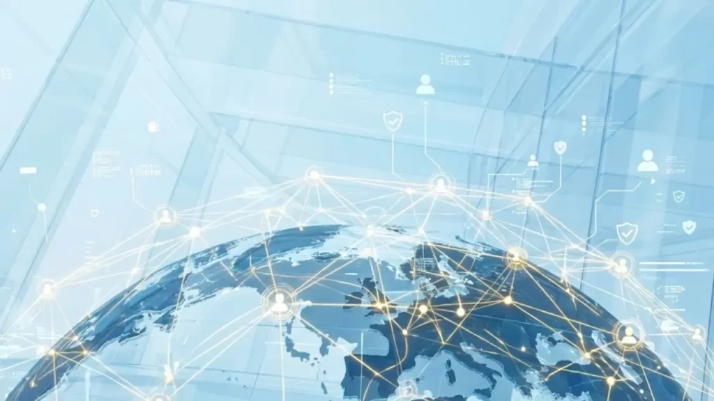 Representação 3D abstrata de uma rede de conexões douradas simbolizando a fidelização de clientes e o crescimento global da marca.