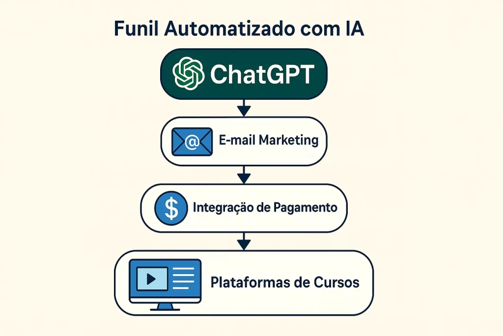 Fluxograma de automação com ChatGPT, e-mail marketing e cursos digitais