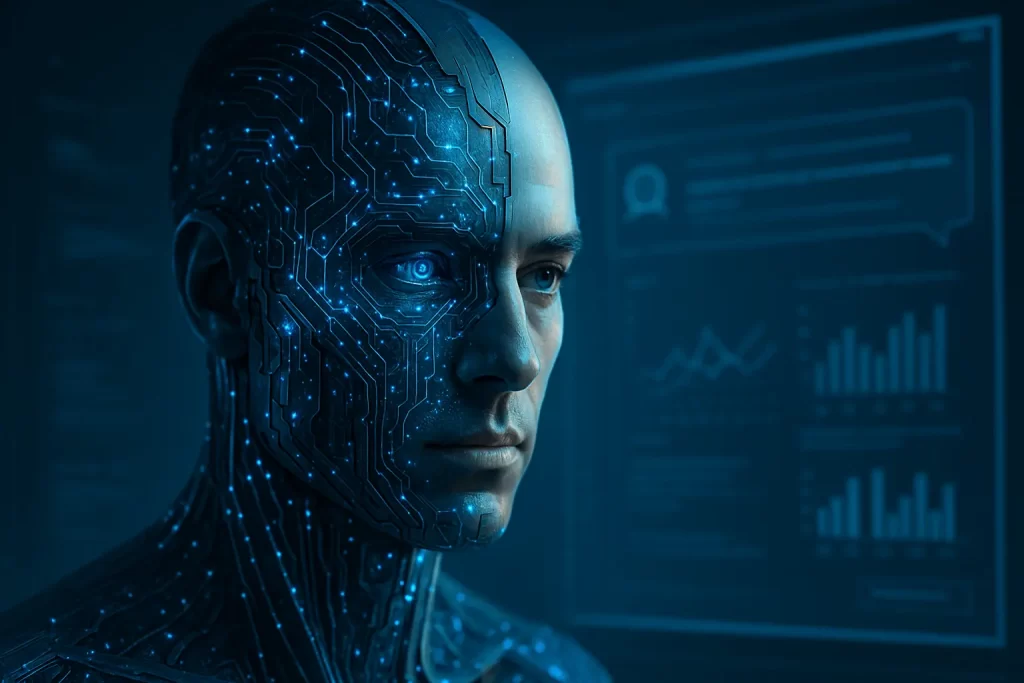Rosto metade humano e metade IA com gráficos digitais ao fundo, simbolizando tecnologia e análise de dados.