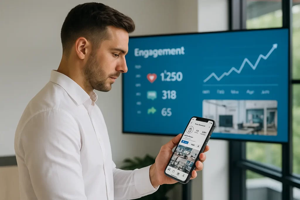 Homem jovem analisando o perfil da empresa no Instagram através do celular, com gráficos de engajamento exibidos em uma tela ao fundo.