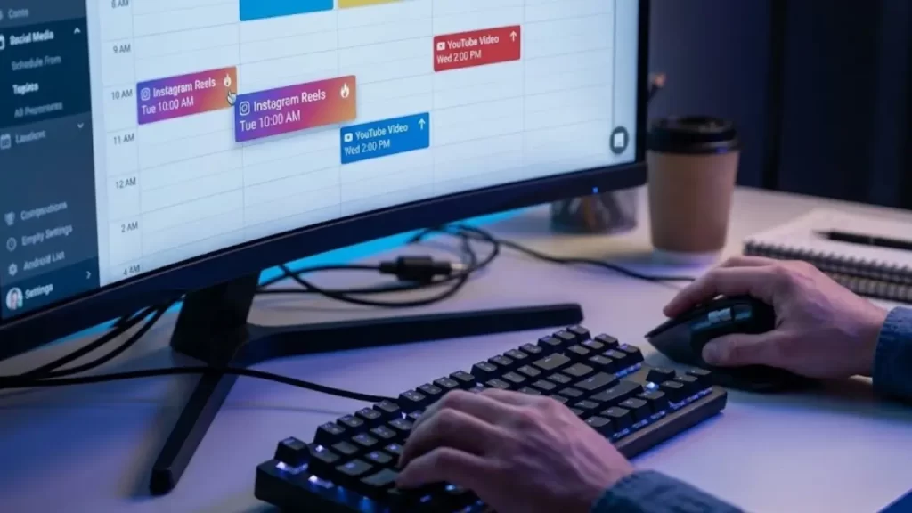 Close-up da interface de um software de automação mostrando o agendamento de posts para Instagram e YouTube em horários específicos.