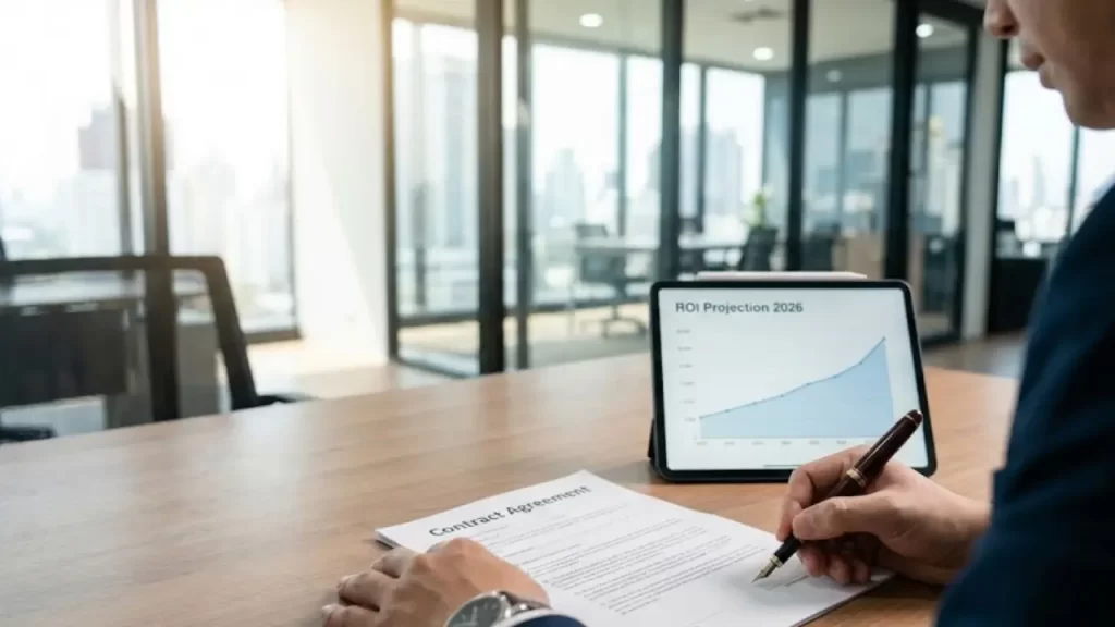 Empresário assinando contrato de investimento com tablet ao lado mostrando projeção de ROI para marketing em 2026
