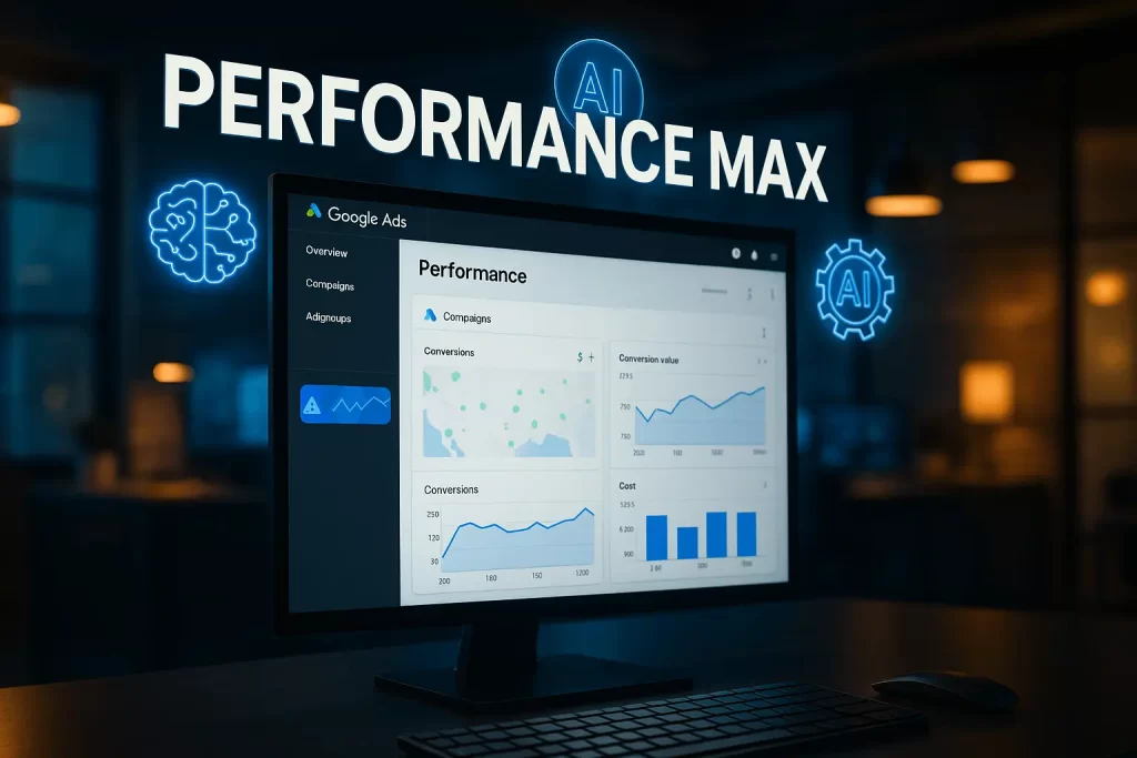 Analista de marketing otimizando Performance Max no Google Ads