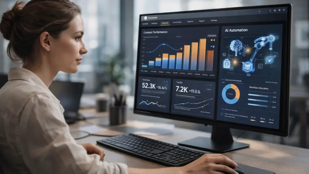 Mulher usando uma das plataformas de IA generativa para empresas para criação de conteúdo