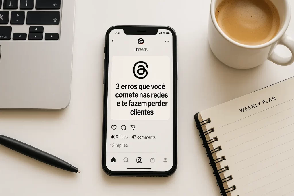 Flat lay de smartphone com publicação viral no Instagram Threads exibindo curtidas e comentários.