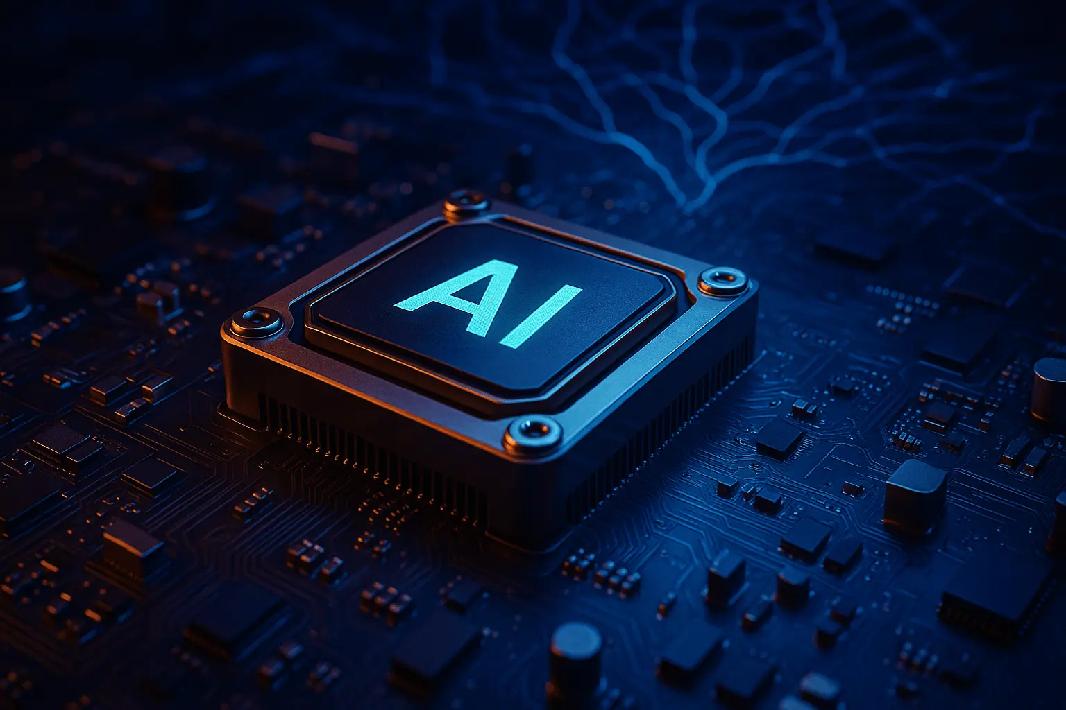 Processador com símbolo "AI" iluminado sobre placa de circuito com detalhes azuis e roxos em ambiente digital futurista.