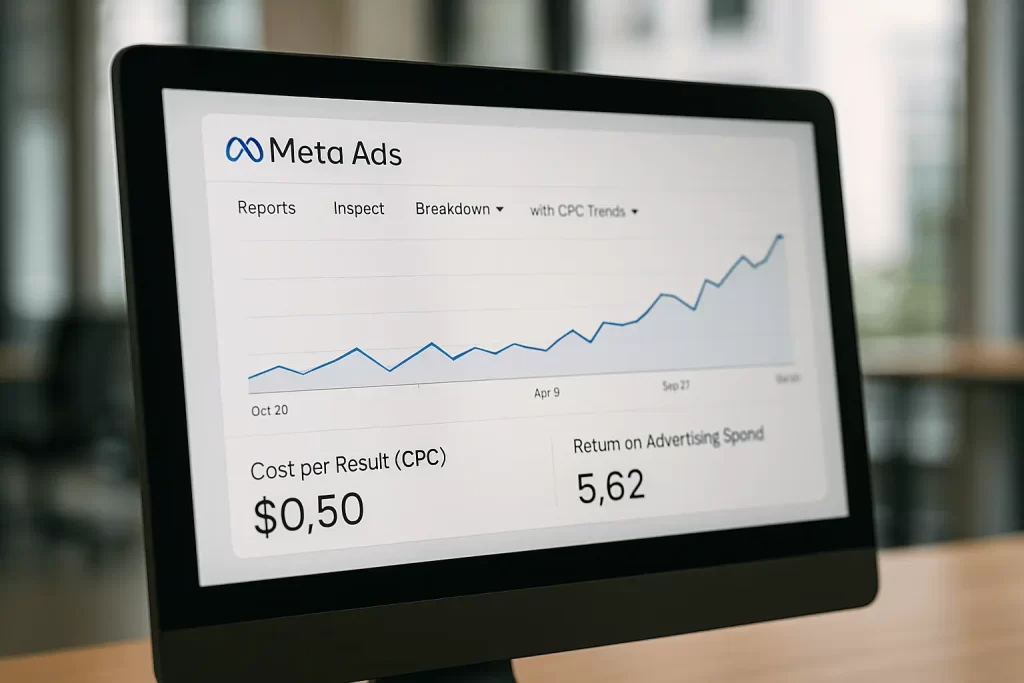 Painel de desempenho do Meta Ads mostrando ROI positivo em campanhas