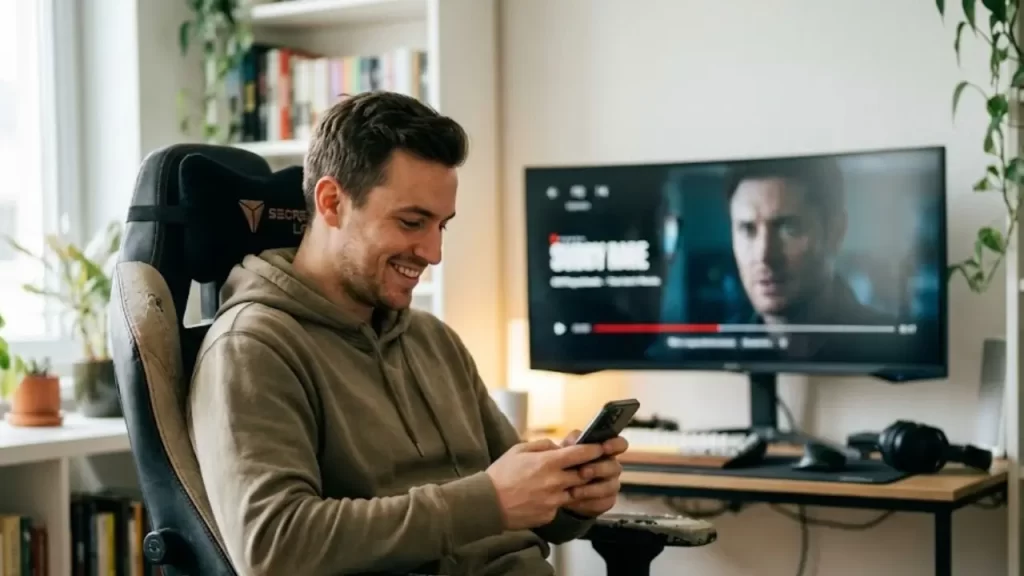 Homem utilizando smartphone enquanto smart TV roda aplicativo de streaming ao fundo, ilustrando comportamento segunda tela.