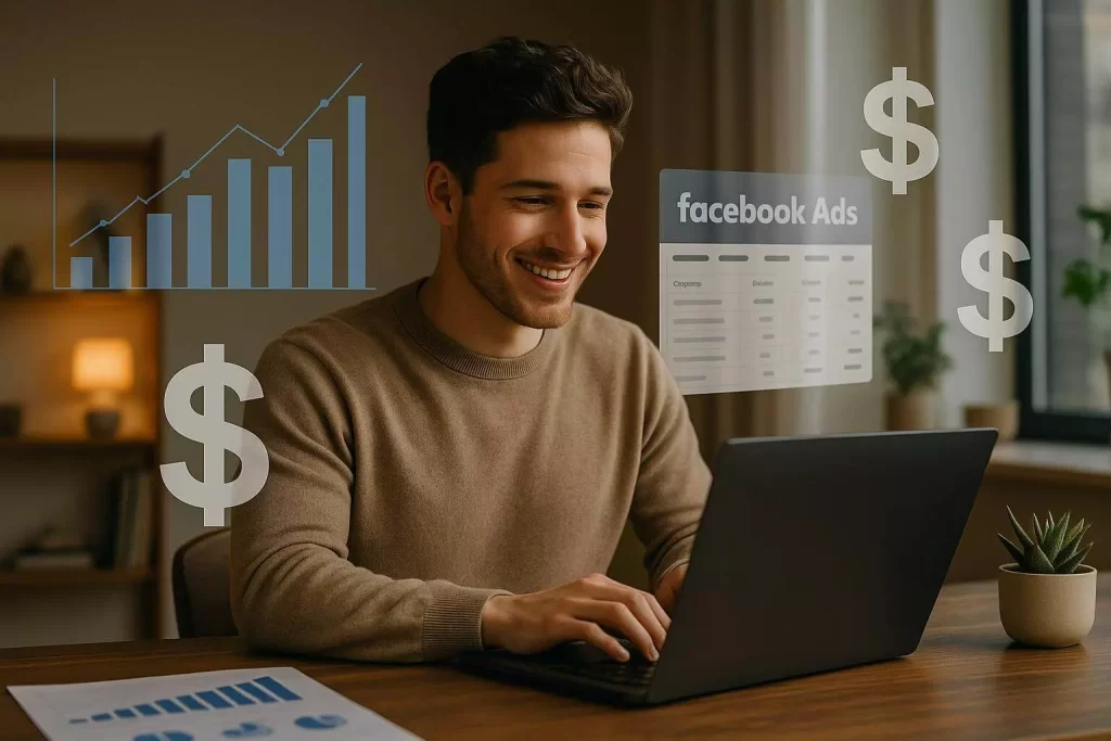 Jovem empreendedor digital usando laptop com painéis de anúncio ao fundo