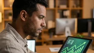 Empreendedor analisando gráfico de crescimento em tablet, ilustrando que tráfego pago com pouco orçamento vale a pena.