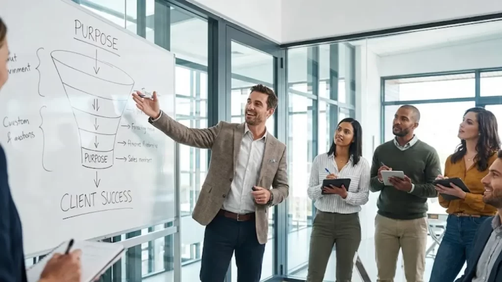 Instrutor liderando treinamento de vendas para equipe comercial em escritório moderno.