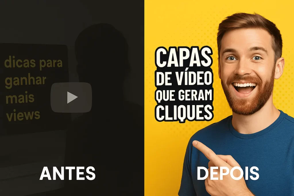 Comparativo lado a lado entre thumbnail sem destaque e thumbnail otimizada com rosto, texto claro e contraste.