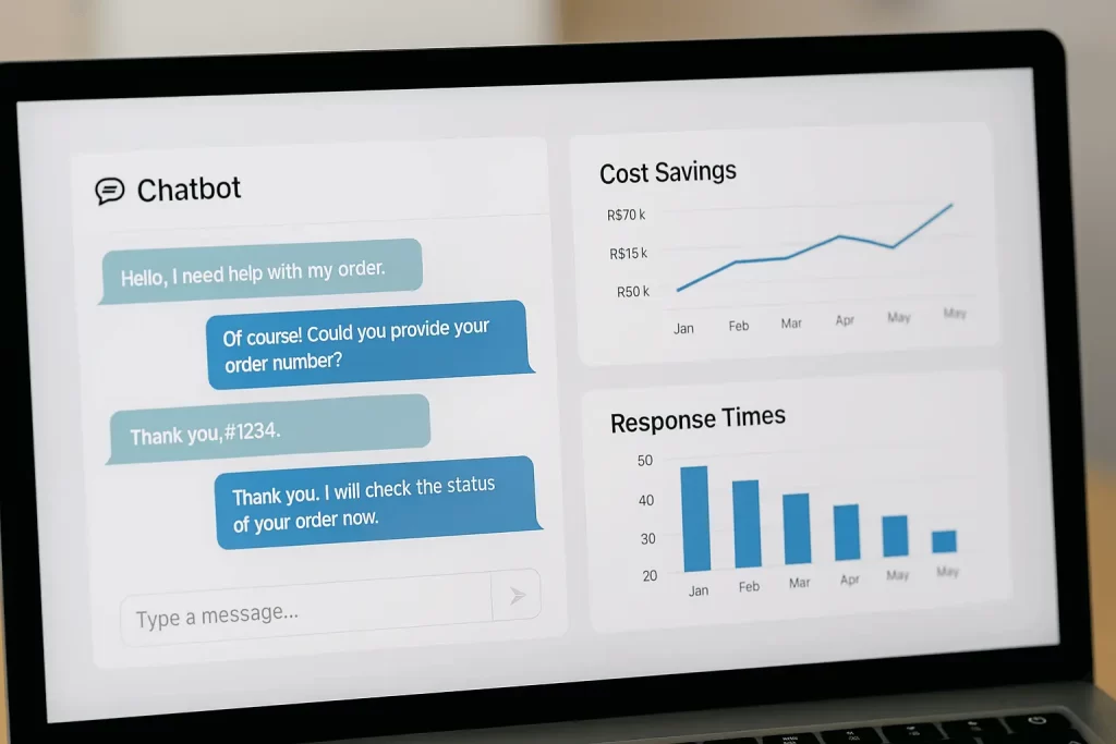 Tela mostrando chatbot com inteligência artificial em funcionamento eficiente.