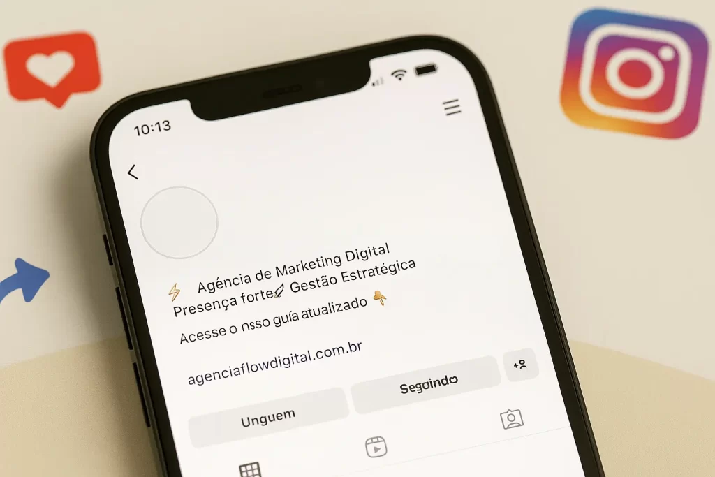 Tela de celular com destaque na bio do Instagram com emojis e CTA.