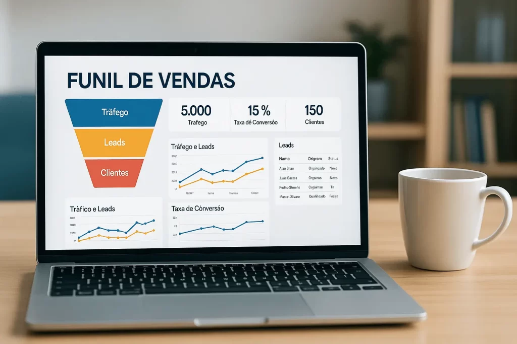 Laptop exibindo um funil de vendas gratuito com estatísticas de conversão