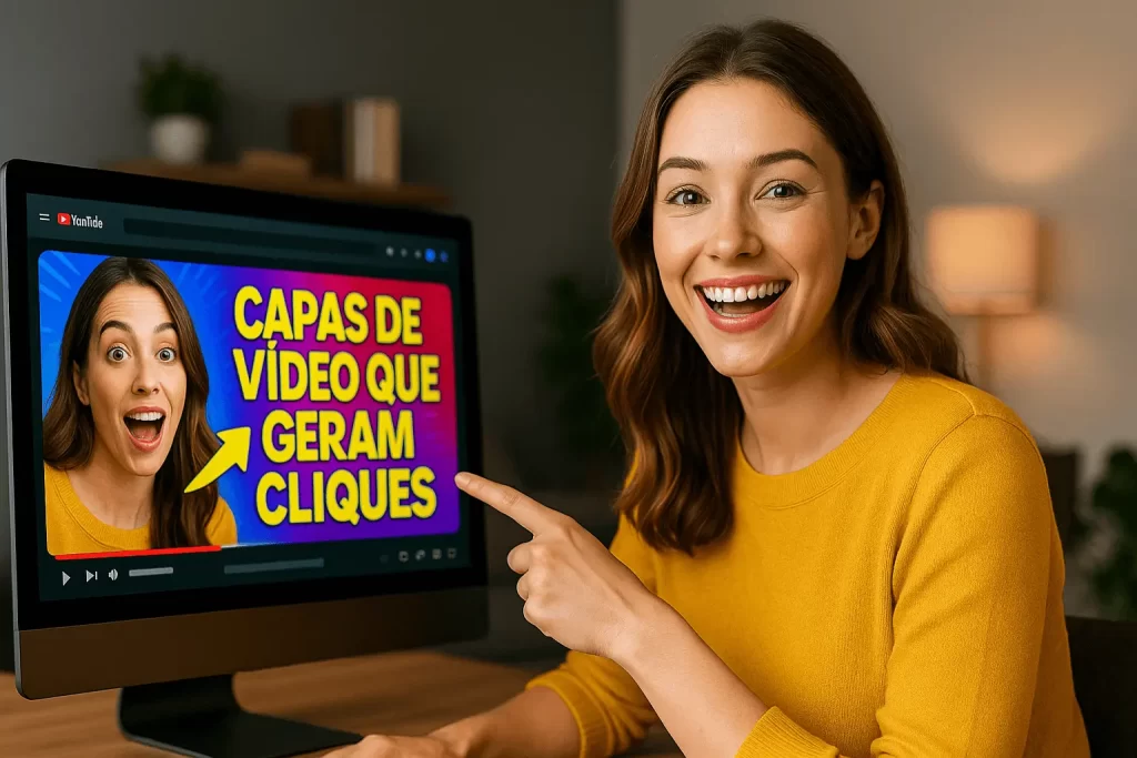 Mulher sorrindo enquanto aponta para uma thumbnail colorida exibida em um notebook com o YouTube aberto.