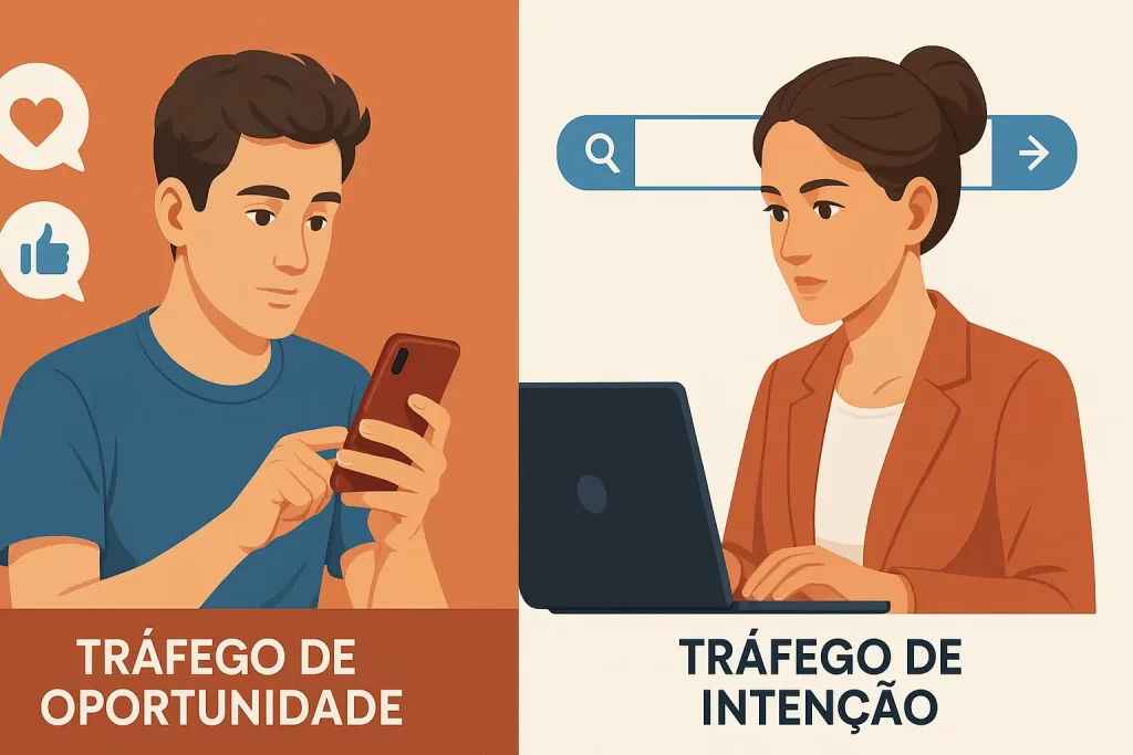 Duas personas mostrando diferença entre tráfego de oportunidade e intenção na prática.