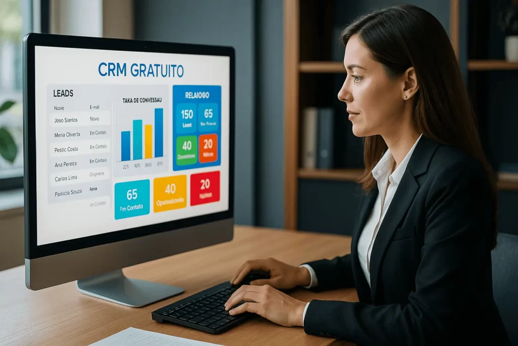 Tela de CRM gratuito com gerenciamento de leads em um funil de vendas