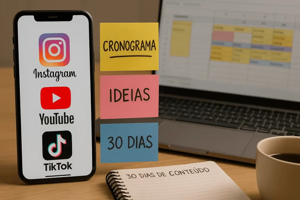 Cronograma de conteúdo pronto para redes sociais em mesa de trabalho organizada