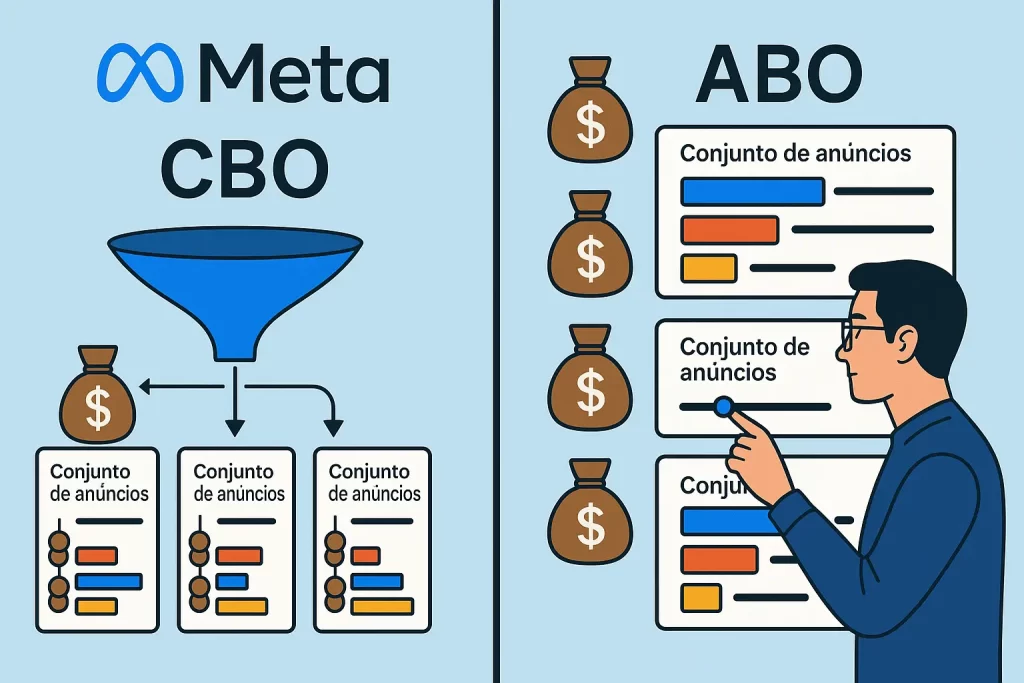 Infográfico comparando CBO e ABO no Meta Ads