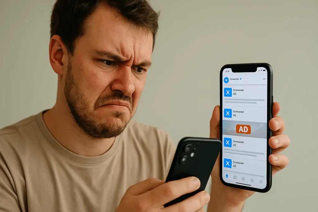 Usuário irritado ao receber o mesmo anúncio diversas vezes nas redes sociais.